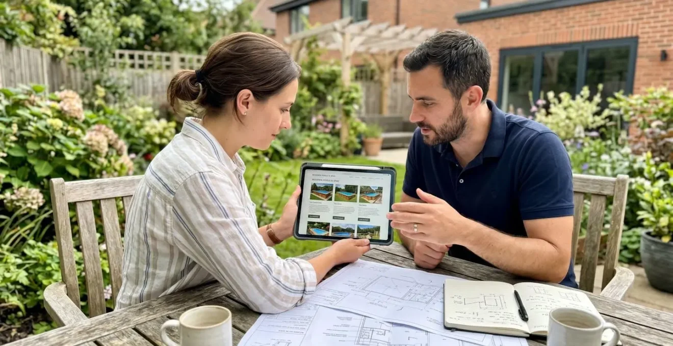 Un couple vu de profil consulte ensemble des documents ou une tablette dans leur jardin en discutant de leur projet de piscine, avec des plans visibles mais floutés, dans une ambiance de planification sereine