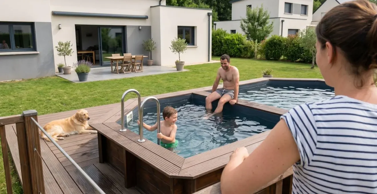 Une famille vue de dos profite d'un moment convivial au bord d'une piscine hors-sol en bois dans un jardin résidentiel français par une lumineuse après-midi d'été