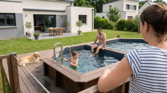 Une famille vue de dos profite d'un moment convivial au bord d'une piscine hors-sol en bois dans un jardin résidentiel français par une lumineuse après-midi d'été