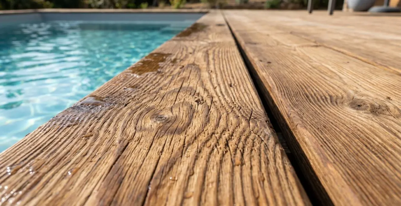 Gros plan sur la texture du bois traité autoclave d'une margelle de piscine, avec un veinage naturel visible et un arrière-plan de jardin flouté