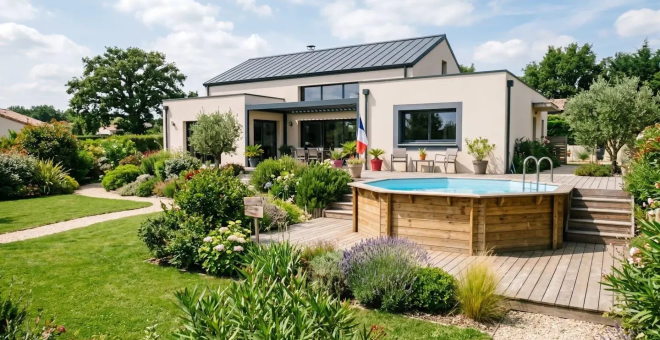 Vue panoramique d'un jardin résidentiel français moderne avec une piscine hors-sol en bois bien intégrée, entourée d'une pelouse entretenue, de massifs d'arbustes et d'une terrasse en bois, sous une lumière naturelle d'après-midi